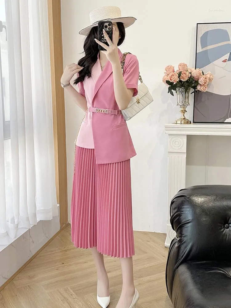 Tweedelige Jurk Elegante Dames Blazers Pak Met Rok 2 Bijpassende Set Office Lady Roze Outfit Conjuntos De vestidos Falda Sets