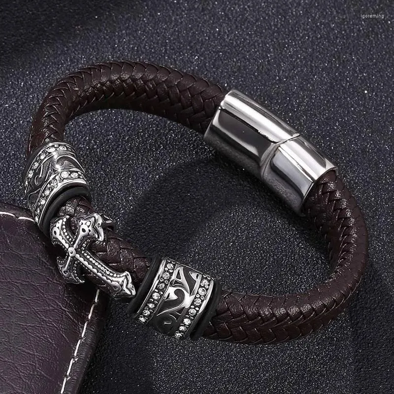 Charm Bracelets Fashion Cross Bracelet Men Jewelry Brown Braided Leather Handmade Stainless Steel Magnetic Clasps Punk Wristband FR0109