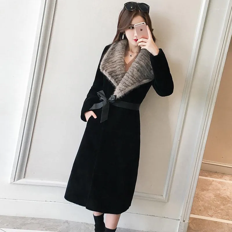 Women's Fur Sheep Shearling Coat Women Real Collar Long Winter Jacket Slim Mink Lamb Korean Fashion