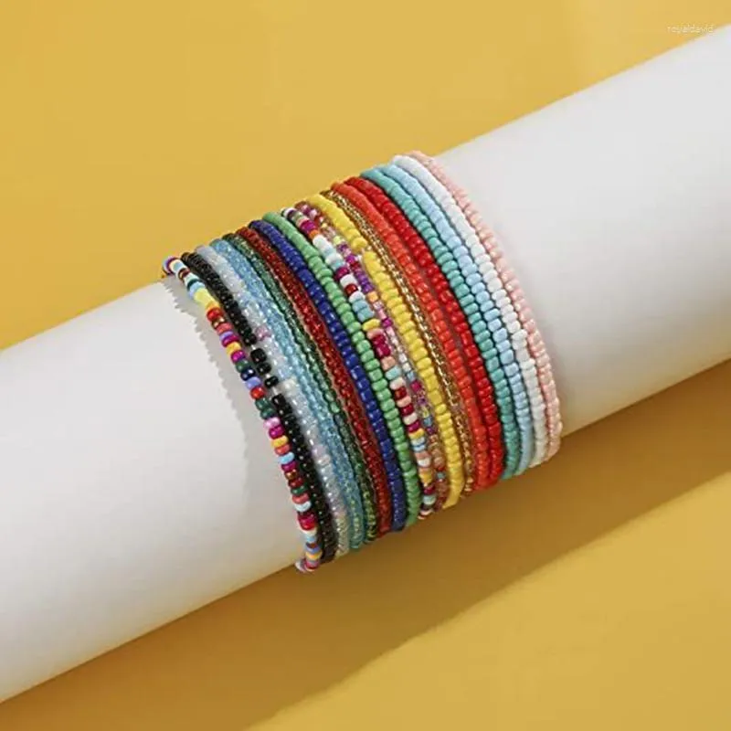 Bracelets de cheville 12 pièces/paquet Boho coloré perle de riz ensemble de cheville pour les femmes chaîne de plage de sable sur la jambe Bracelet de cheville dame bohême bijoux cadeaux