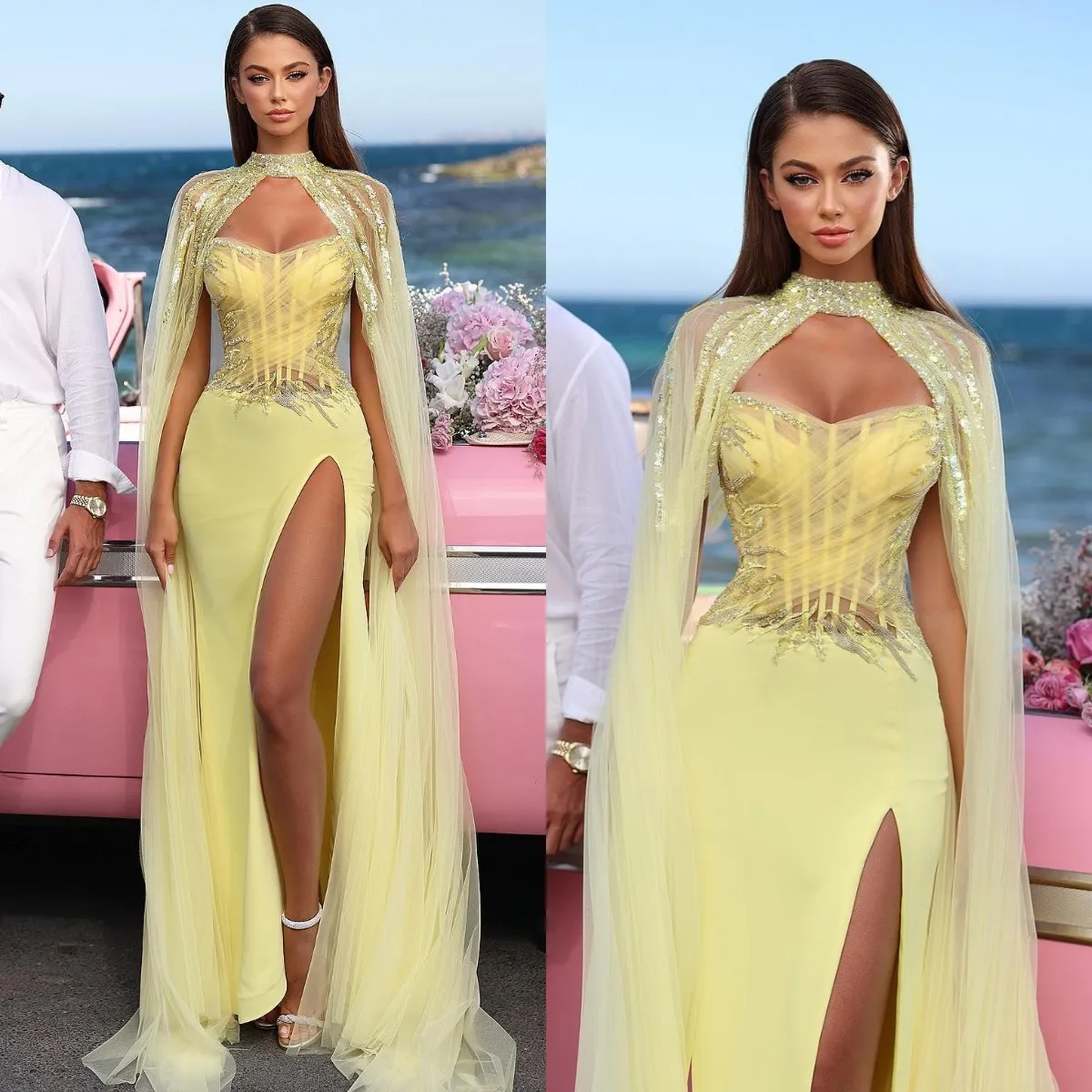 Sexy Yellow Mermaid Prom Dresses With Cape Illusion Bone Bodice Sequins Evening Dress Pleats Split Formal Long Special Occasion Party dress