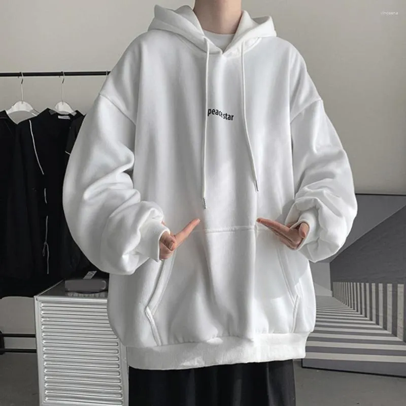 Korean Letter Print Fleece Grey Oversized Hoodie For Men Thicken