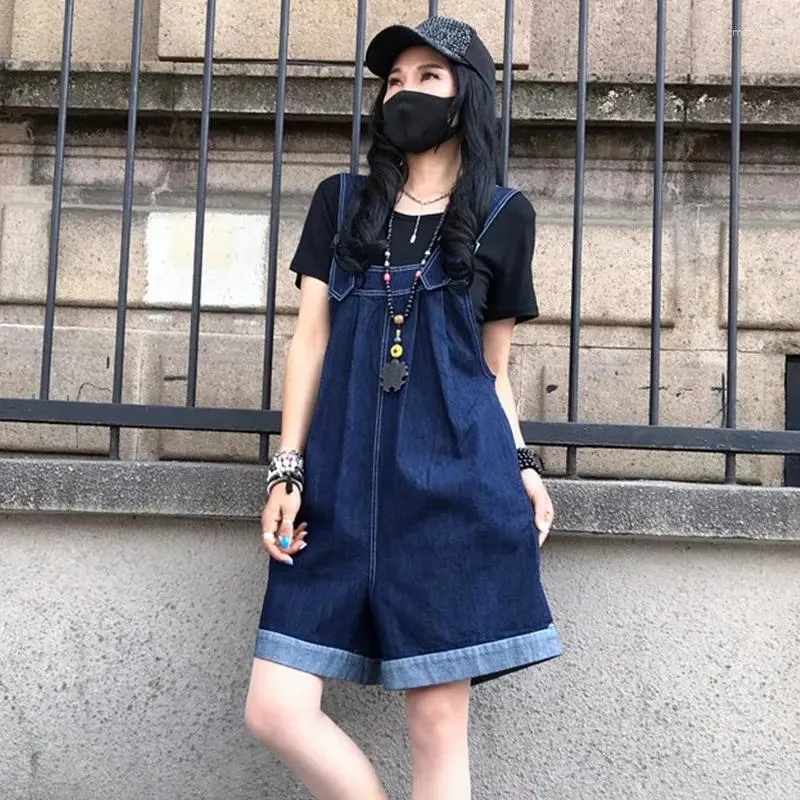 Women's Denim Jumpsuit Shorts Summer Retro Blue Wide Leg Jeans Overalls,  Slim Waist Knee Length Pants, Trendy Romper