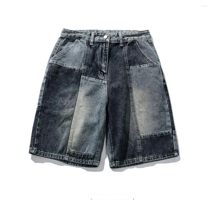 Mäns jeans sommar amerikansk stil tvättad och lapptäcke denim shorts för löst montering rak ben ins trendiga casual quarter byxor