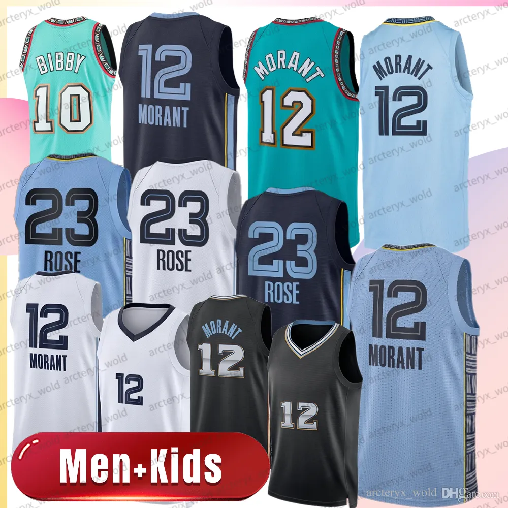 남자 아이들 Ja Morant Basketball Jersey 23 Derrick Rose Mike Bibby Green Blue White Morant 12 바늘 셔츠 소년 레트로 Bibby Jerseys