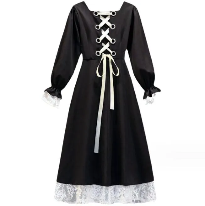 Женское длинное платье трапециевидной формы с v-образным вырезом и длинными рукавами, черное платье трапециевидной формы с v-образным вырезом сзади и завязкой на талии, кружевное лоскутное платье, одежда принцессы