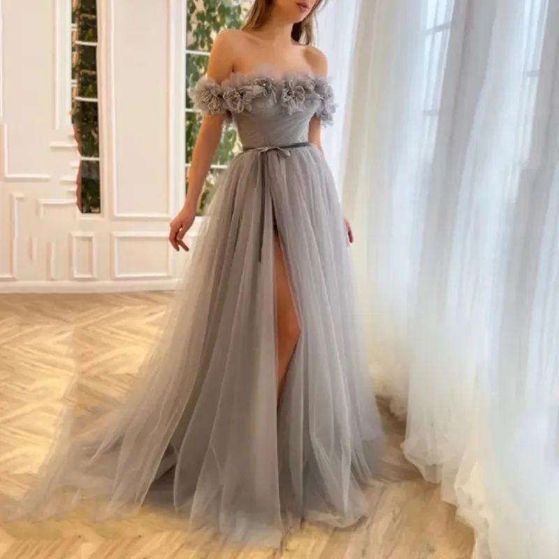 Grå off axelkvällsklänning 2023 Elegant A-Line Tulle Sweep Train High Side Split Party Prom Ball Gown Custom Made Made