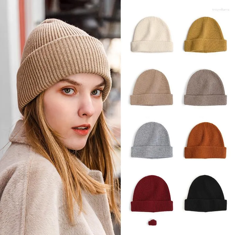 Berets Solid Color Knitted Hat Punk Hip Hop Beanies For Men Women Metal Pin Ring Brimless Melon Cap Winter Warm Crochet Bonnet Gorras