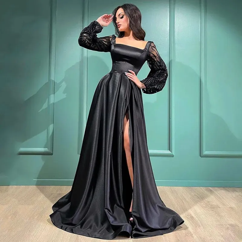 Robe de soirée en Satin noir, fente haute, col carré, manches longues bouffantes, arabie saoudite, dubaï, robe de bal, longueur au sol, 328 328