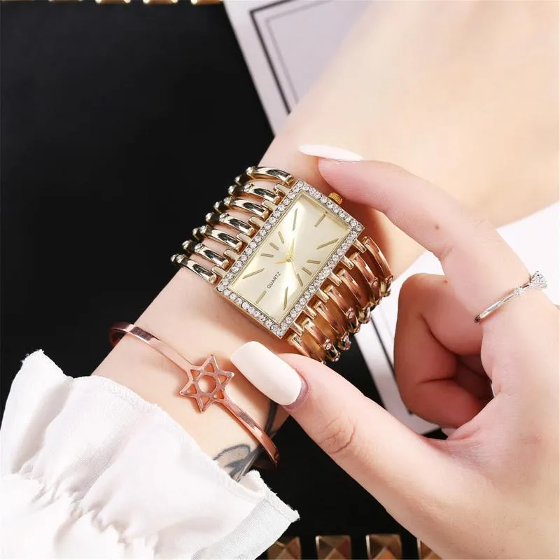 Wristwatches Wide Strap Casual Quartz Watch Stainless Steel Band Women Rhinestone Business Ladies Reloj Para Mujer