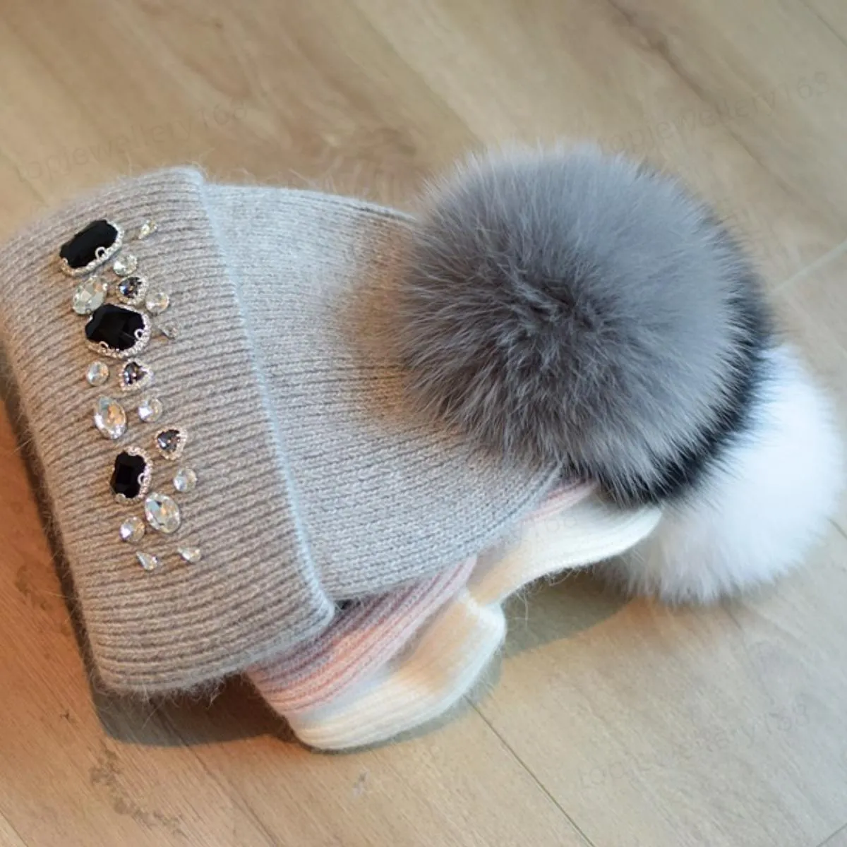 Autumn Winter Knitted Wool Hats For Women Fashion Pompon Beanies Fur Hat Female Warm Caps With Natural Rabbit Hair Cap