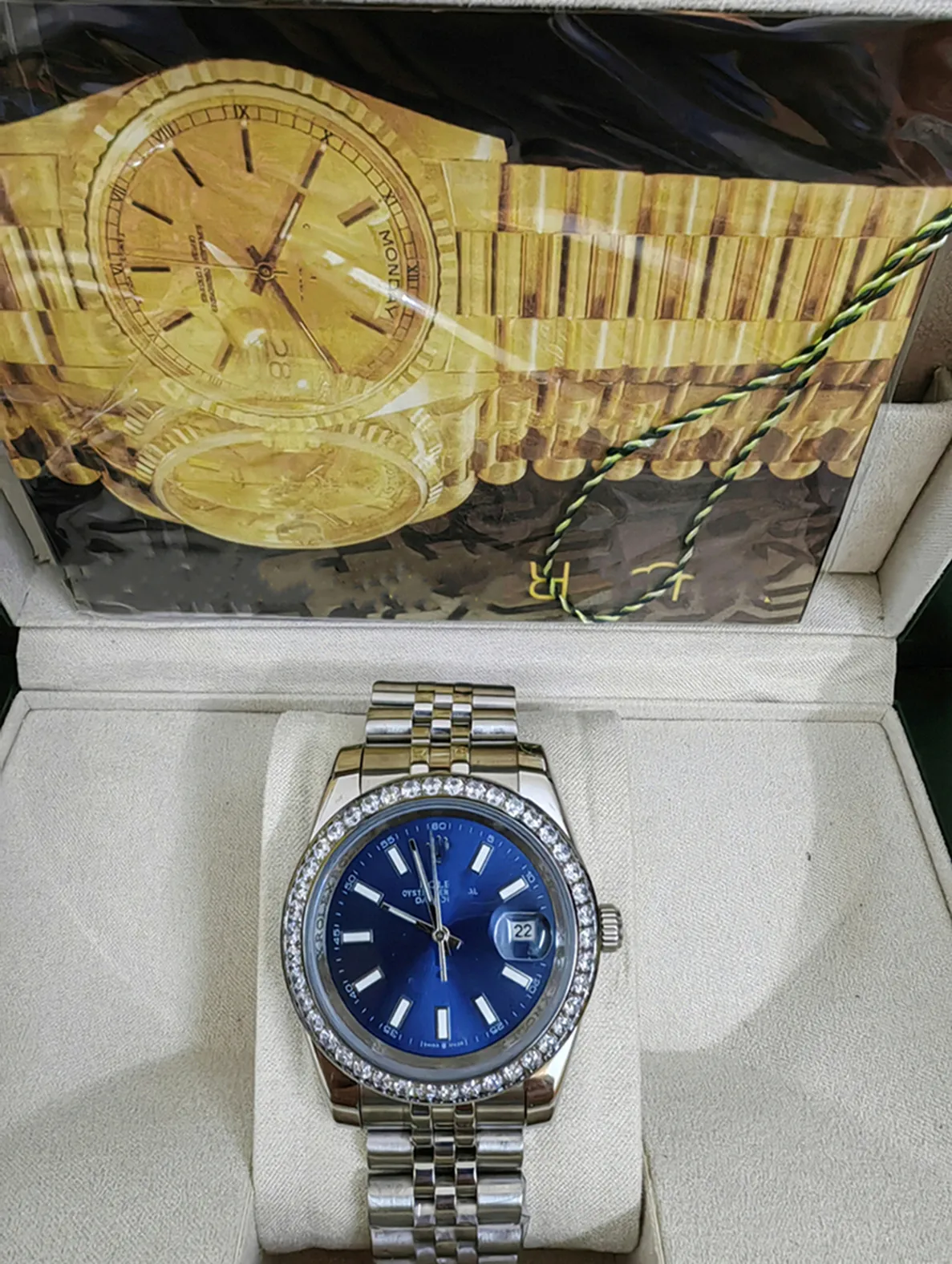 Com caixa original relógios de moda de luxo de alta qualidade 18k azul diamante dial moldura 18038 relógio masculino automático 68