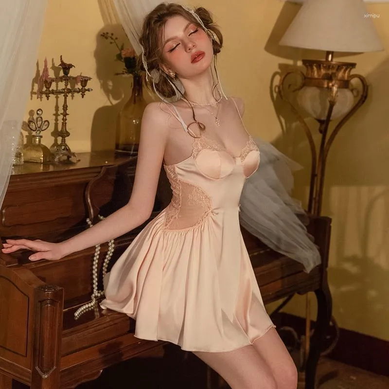 Damska odzież sutna seksowna jedwabna lodowa piżama żeńska letnia erotyczna poduszka z paska małe piersi sukienka bielizna domowa koszulka nocna