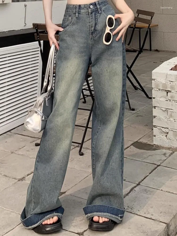 Kvinnors jeans franska vintage bred ben kvinnor solid streetwear hight midja denim byxor kvinnlig koreansk stil baggy kausal höst 2023