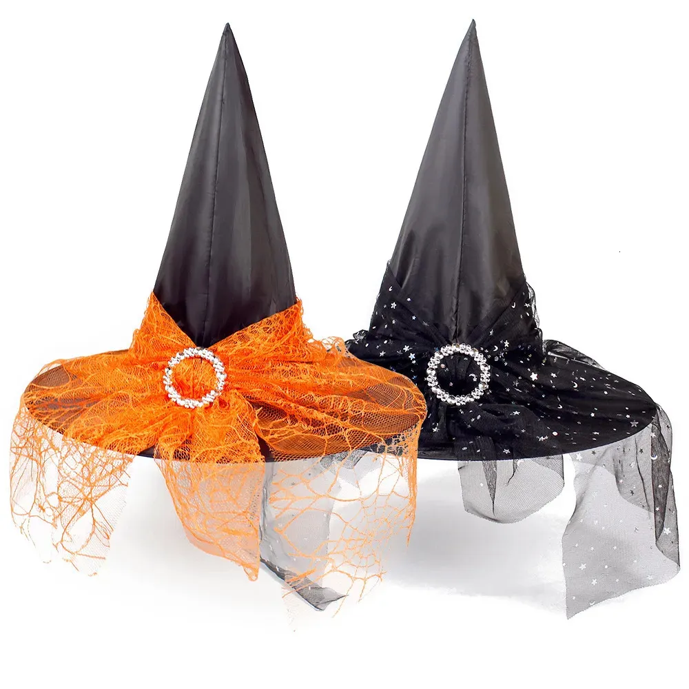 Cappelli a tesa larga Secchiello Strega di Halloween con velo di ragnatela per le donne Costume da mago Cappello da mago Copricapo Bomboniere 230928