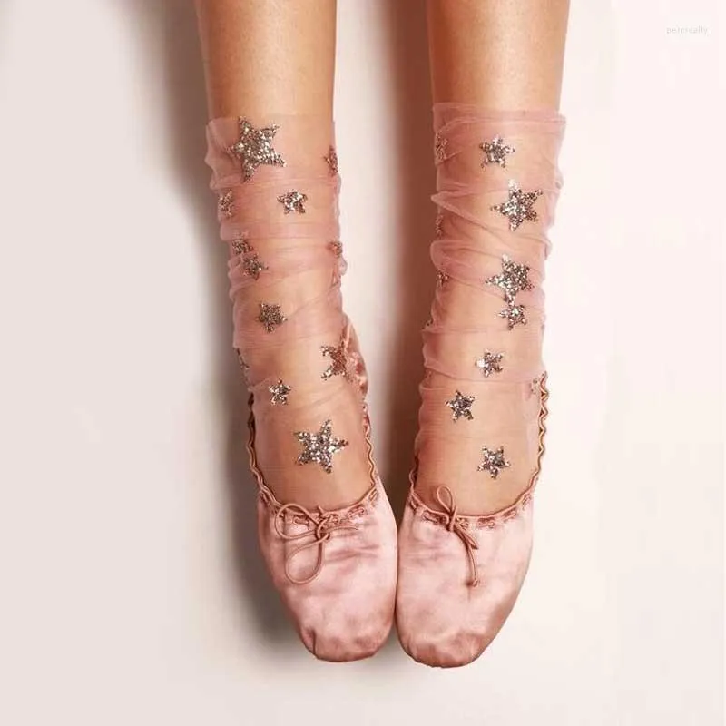 Frauen Socken Sommer Stern Glitter Tüll Gaze Korea Sexy Weibliche Kristall Seide Ultradünne Spitze fünfzackigen Geschenk