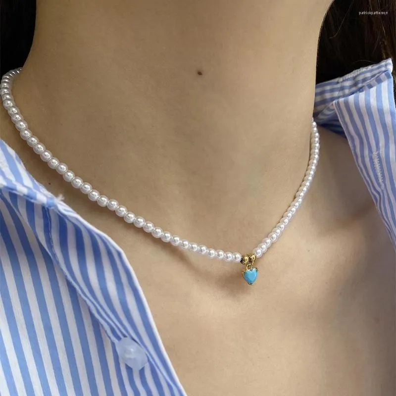 Anhänger Halsketten Bohemian Sky Blue Love Heart Zirkon Imitation Perlenkette Für Frauen Edelstahl Verschluss Gold Farbe