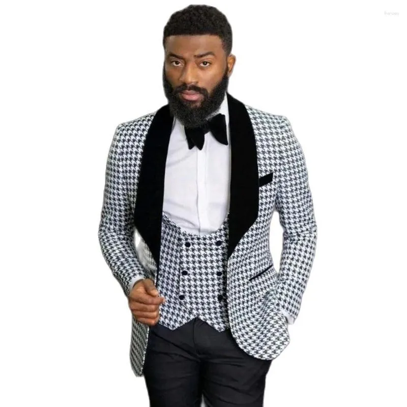 Trajes de hombre esmoquin de pata de gallo para novio traje de boda para padrinos de boda con solapa de terciopelo negro traje de 3 piezas ajustado