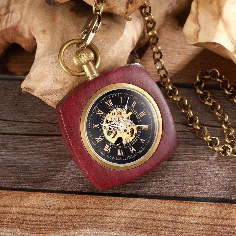 Montres de poche Rétro Unique Royal Rouge En Bois Bambou Enroulement À La Main Montre Mécanique Cadran Carré Avec Chaîne En Or Hommes Heure Horloge Cadeaux 2023