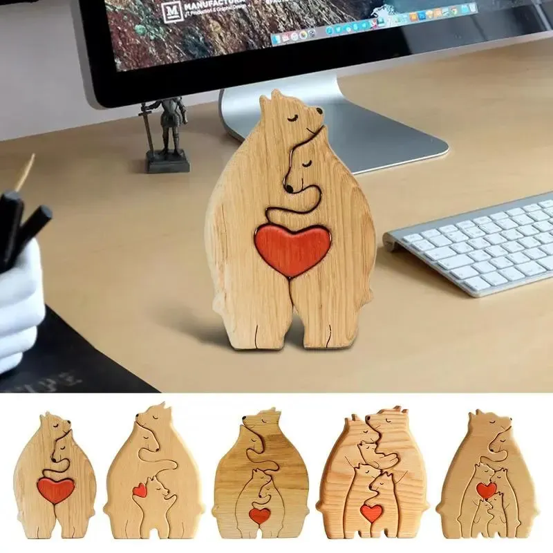 Objetos decorativos estatuetas urso família arte de madeira quebra-cabeça diy nome coração desktop ornamento casa decoração presente para 230928