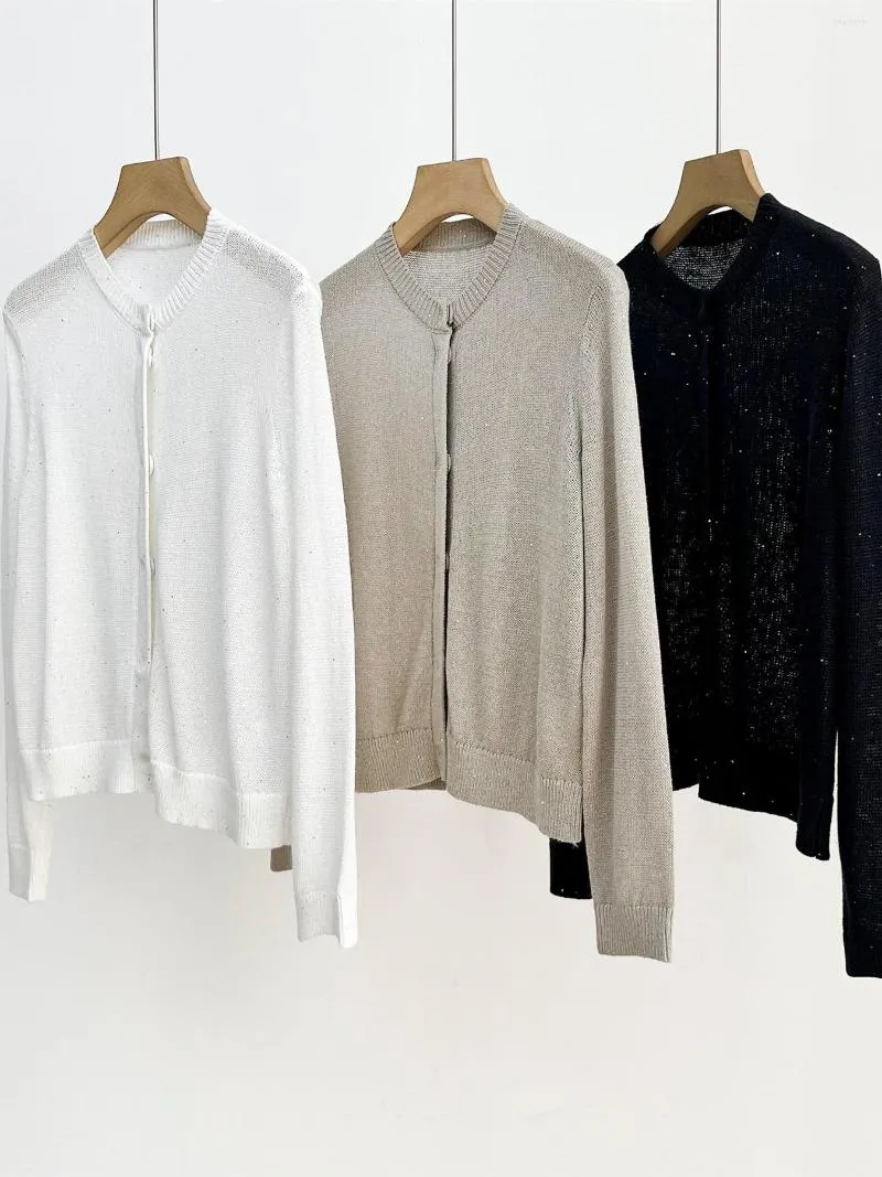Women's Jackets Women Sequin Linen Knit Sweater Thin Long Sleeve Single Breasted O-neck Solid Color Female Cardigan Top