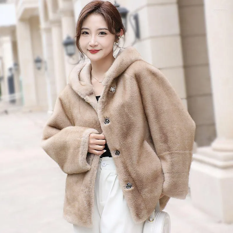 Women's Fur 2023 Imitation Mink-like Wool Leather Coat Loose Hooede Short Outwear Thicken Warm Casual Top Simple Solid Color Outcoat