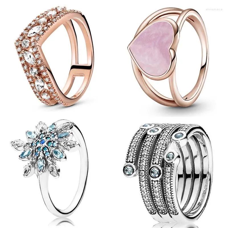 Bagues de cluster 925 Sterling Silver Bague Sparkling Marquise Double Wishbone Océan Frosty Rose Tourbillon Émail Coeur Pour Femmes Bijoux De Mode