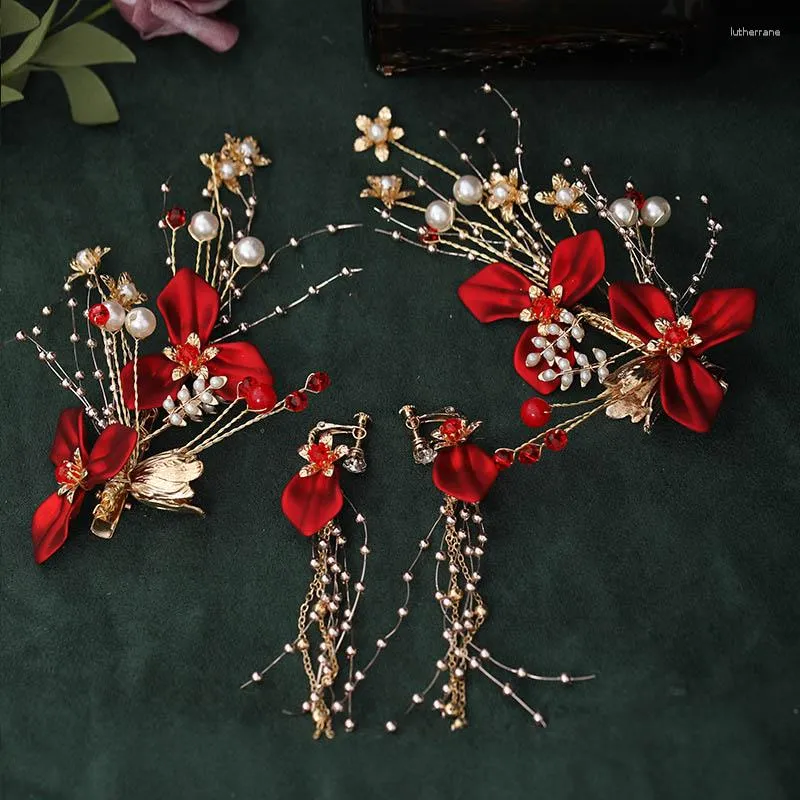 Hårklipp rött blommor pärl hårnål kinesisk stil långa örhängen