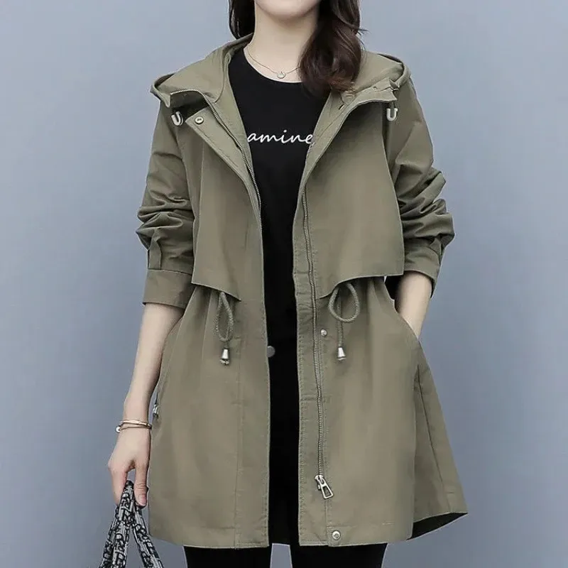 Kvinnors trenchockar Spring och Autumn Midlength Coat Hooded dragkedja tiein Jackor British Style Loose Clothing 230928