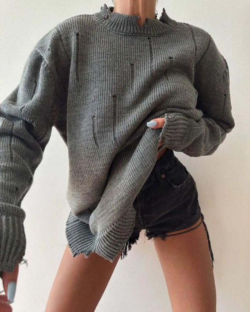 Женские свитера 2023, ранняя осень, свободный пуловер, потертый свитер ручной работы с круглым вырезом