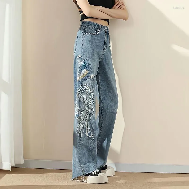 Kvinnors jeans kinesiska stil pantaloner de mujer hög midja broderi tunga pärlor för kvinnor avslappnad lös mode eleganta byxor