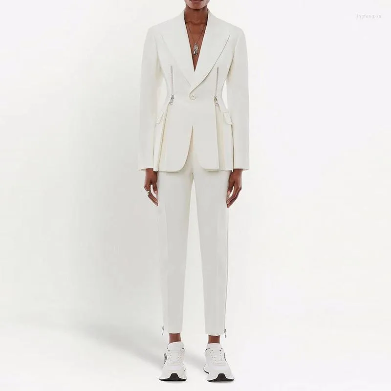 Women's Two Piece Pants 2023 Fashion Personalized Zipper Slim Fit One Button Suit Crop Pant Set