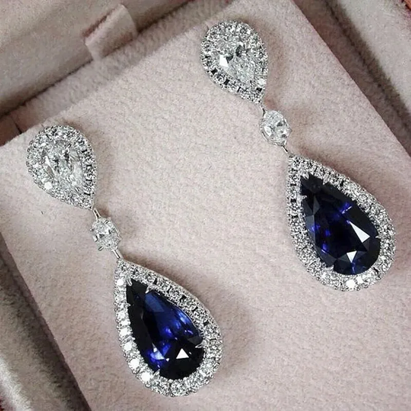 Stud Fashion Jewelry Ladies Blue White Water Drop Shaped Crystal Zircon Metal Dangle Earring for Women Party 230928