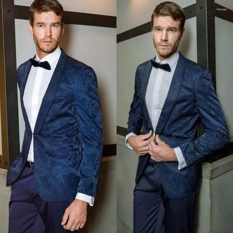 Men's Suits Navy Blue Men Suit 2 Pieces Jacquard Blazer Pants One Button Peaked Lapel Tuxedo Business Modern Wedding Groom Costume Homme