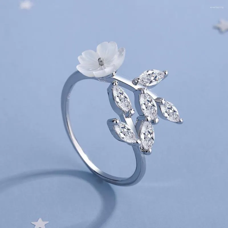 Cluster Ringen 925 Sterling Zilver Edelsteen Shell Bloem Ring Pave Setting CZ Opaal Bladeren Voor Vrouwen Verjaardagscadeau Maat 6-8 BSR309