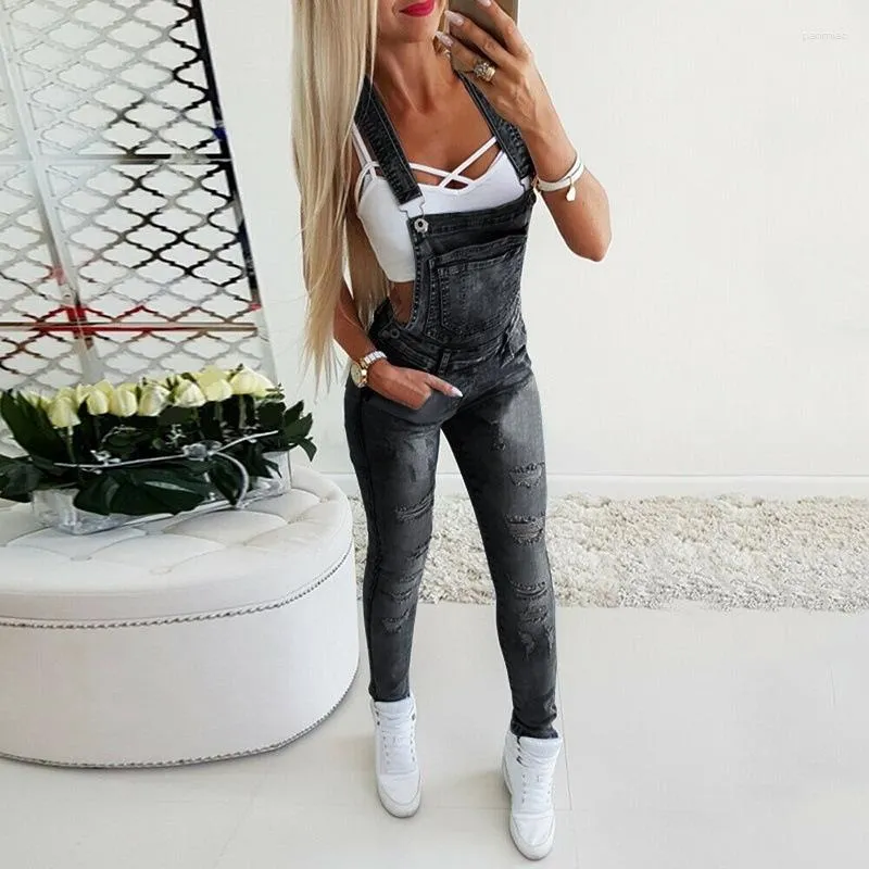 Women's Jeans Sexy Tight Strap Pants Handmade Worn Denim Jumpsuit Casual Style Daily Shopping Wear