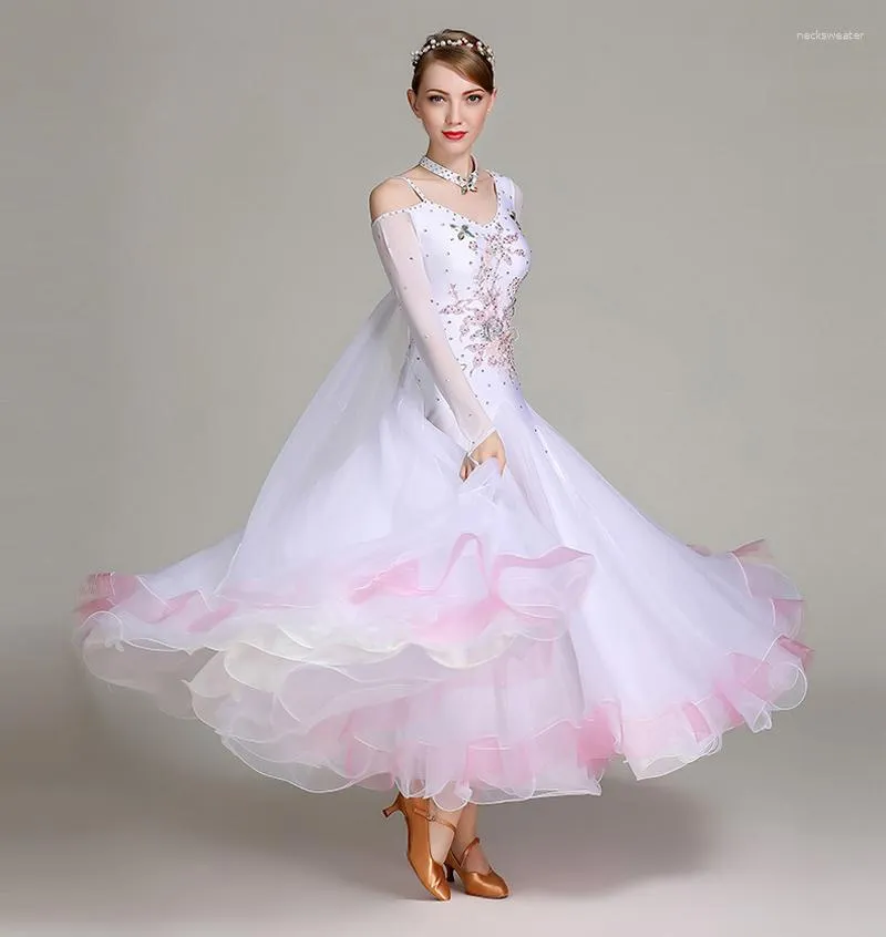 Scene Wear Standard Ballroom Dresses Women 2023 Design White Waltz Dancing Kirt Vuxen Högkvalitativ tävling Dance Dress