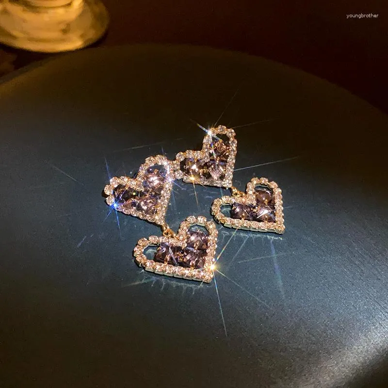 Dangle Earrings DREJEW Purple Rhinestone Crystal For Women Heart Love Drop Female Fashion Party Wedding Ear Jewelry Gifts