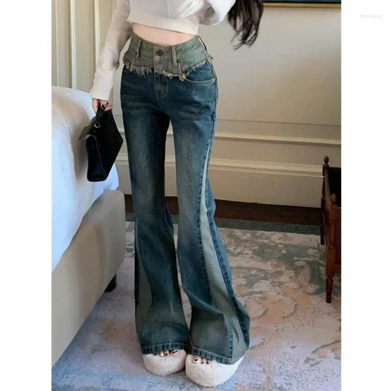 Женские джинсы с высокой талией в стиле ретро в стиле пэчворк, швабра с грубыми краями на весну и лето, утягивающие повседневные брюки-динамики одного цвета, трендовые
