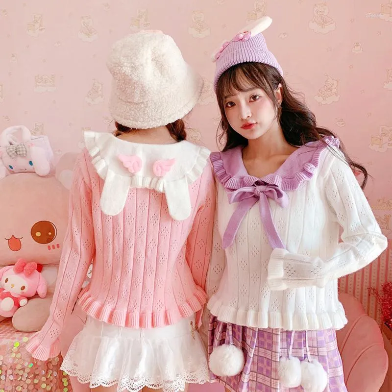 Kadın Sweaters Kawaii Kulak Süveteri Sevimli Kız Jumper Sonbahar Kore Moda Kadınlar Mahsul Tepeler Uzun Kollu Vintage Tie Yay Külotu