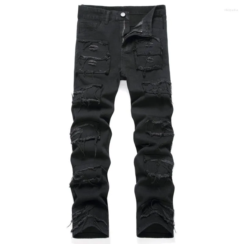 Jeans para hombres Pierna pequeña apenada europea y americana para hombres High Street Slim Fit Elástico Motocicleta Negro Rayado Largo