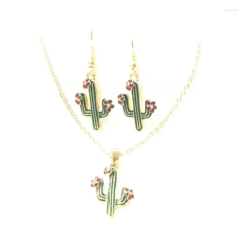 Necklace Earrings Set Charm Green Cactus Pendant Necklace/Earrings Woman Girl Gold Color Tropical Plants Red Rhinestone Flower