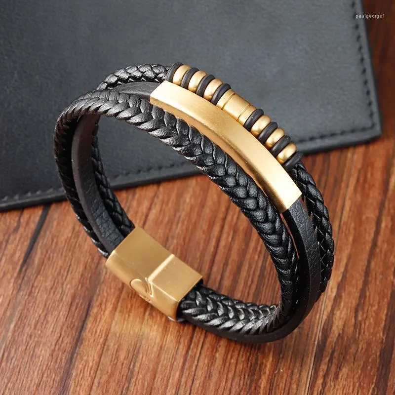 Bracelets de charme Bracelet en cuir de luxe classique en acier inoxydable boucle magnétique hommes Punk Bracelet bijoux cadeaux en gros