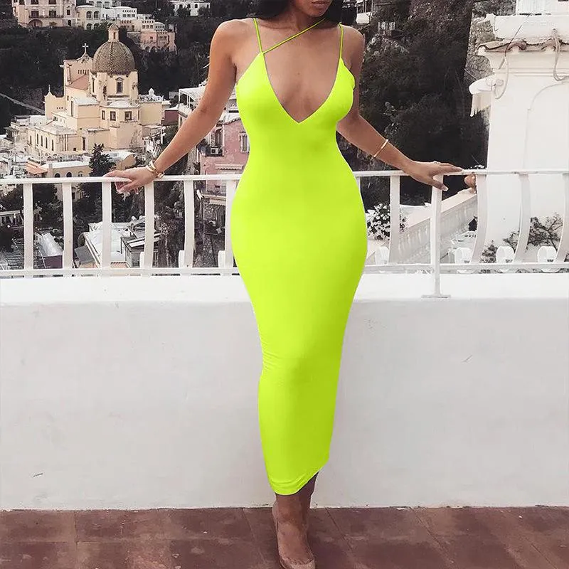 Sıradan Elbiseler 2023 Seksi Bodycon Maxi Neon Yeşil Elbise Kadınlar V Boyun Kolsuz Uzun Parti Kadın Yaz Sarma Bayanlar Vestidos Tarih