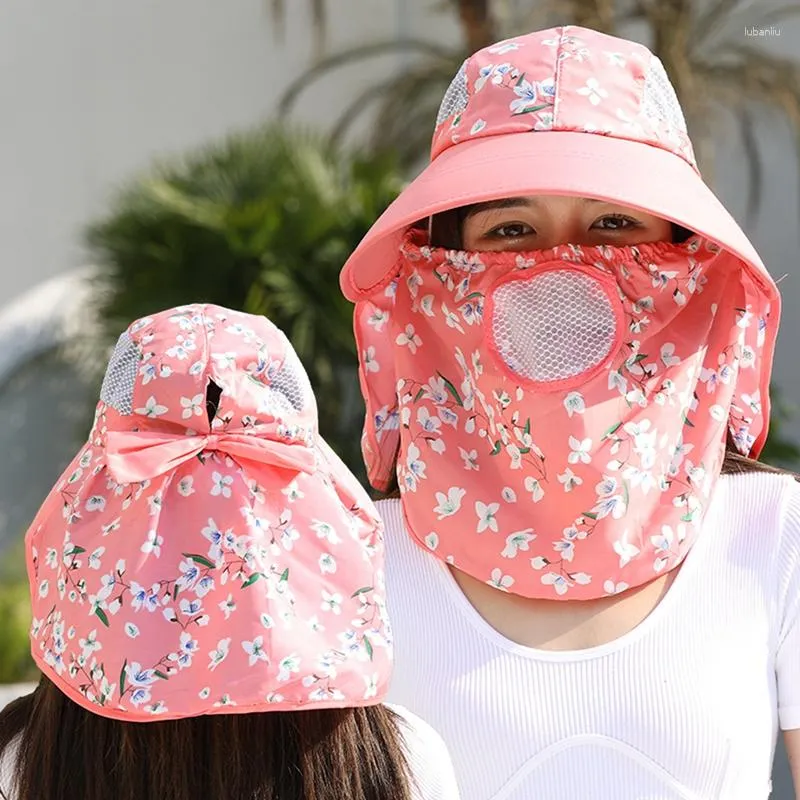 Ampla borda chapéus verão mulheres ao ar livre impressão pescador chapéu proteção uv jardim trabalho sombra respirável máscara facial destacável sunhat