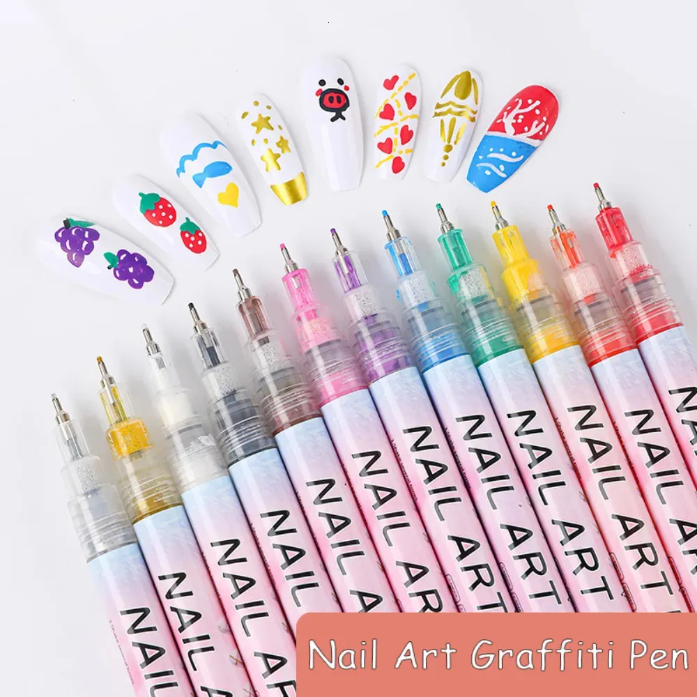 Nail Polish 12pcs / set Nail Art Graffiti Pen Black Gold Color UV Gel Polish Design Dot Painting Drawing Pen Liner Brush Nail DIY Flower Tools 230928