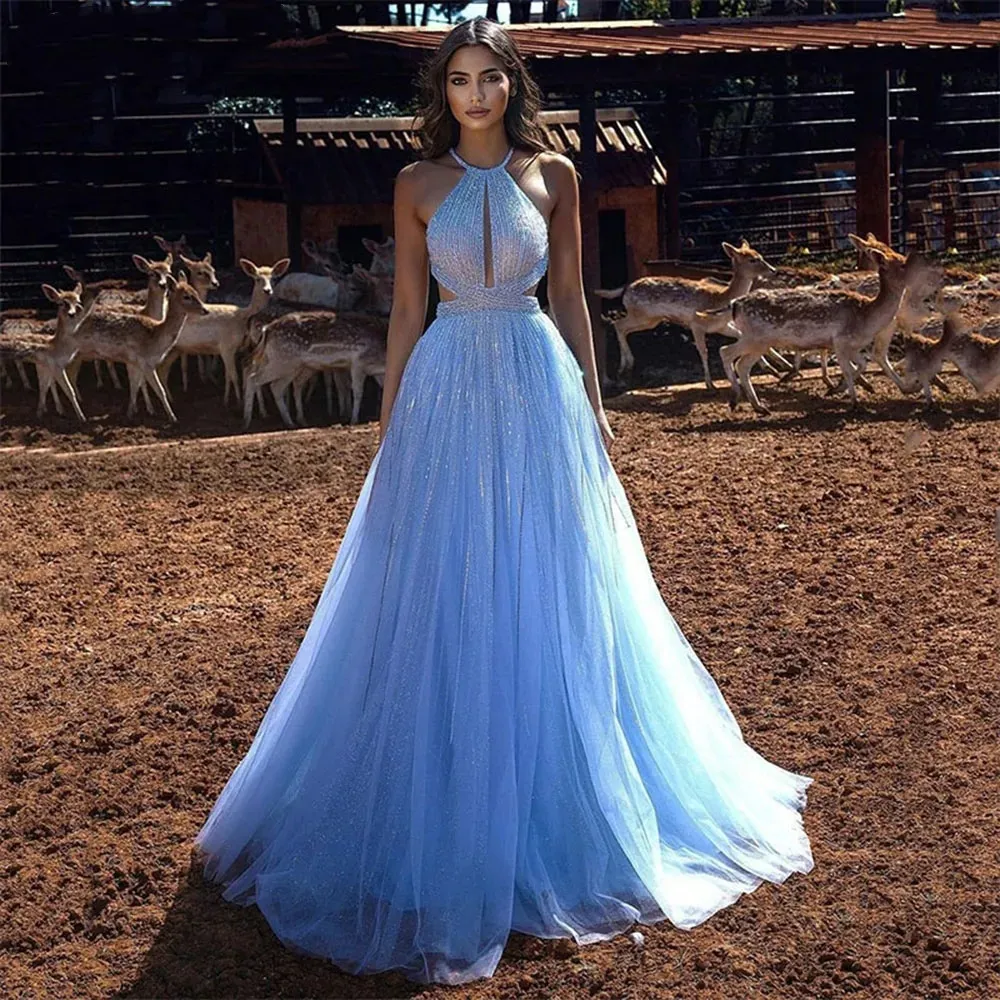 Bleu ciel licou paillettes Tulle princesse robe de bal élégant paillettes dos nu robes de soirée robes de fiesta