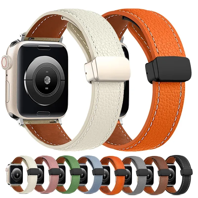 حزام مشبك مغناطيسي من الجلد الفاخر لـ Apple Watch 9 8 45mm 41mm Ultra 2 49mm Geniune Leather Band for Iwatch Series 7 6 5 38mm 41mm 40mm