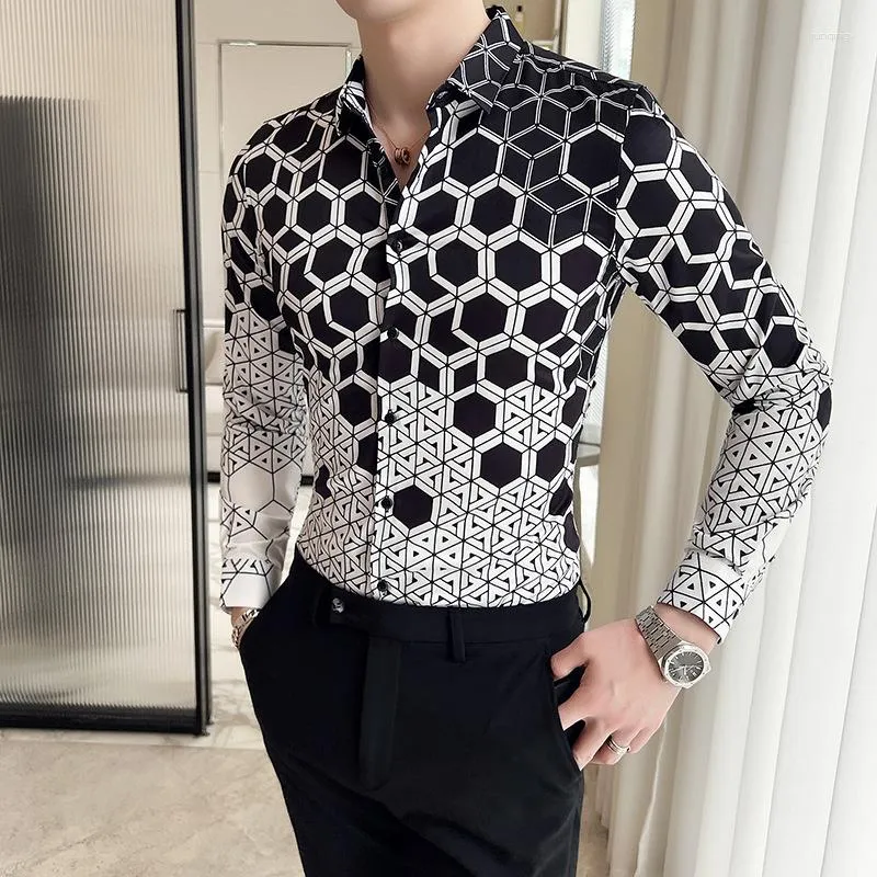 Mäns avslappnade skjortor 2024 geometriskt tryck för män långärmad skikt skjorta manlig affär social party tuxedo blus camisas para hombre