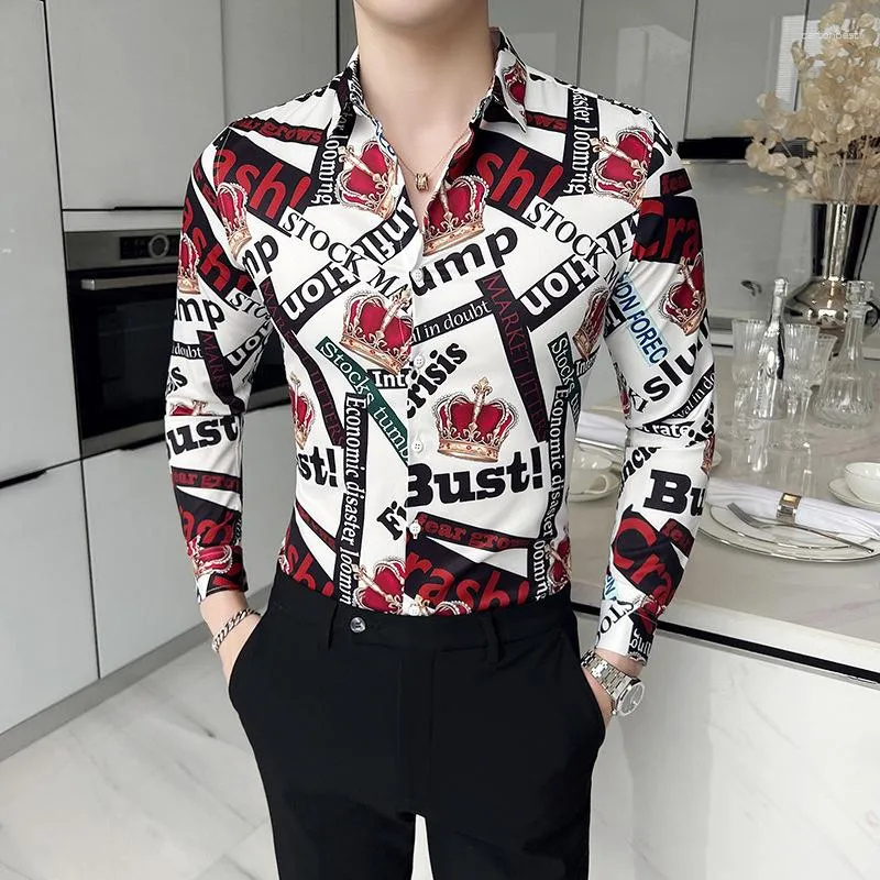 Men's Casual Shirts Luxury Crown Print Men Slim Long Sleeve British Style Business Formal Dress Social Party Tuxedo Blouse